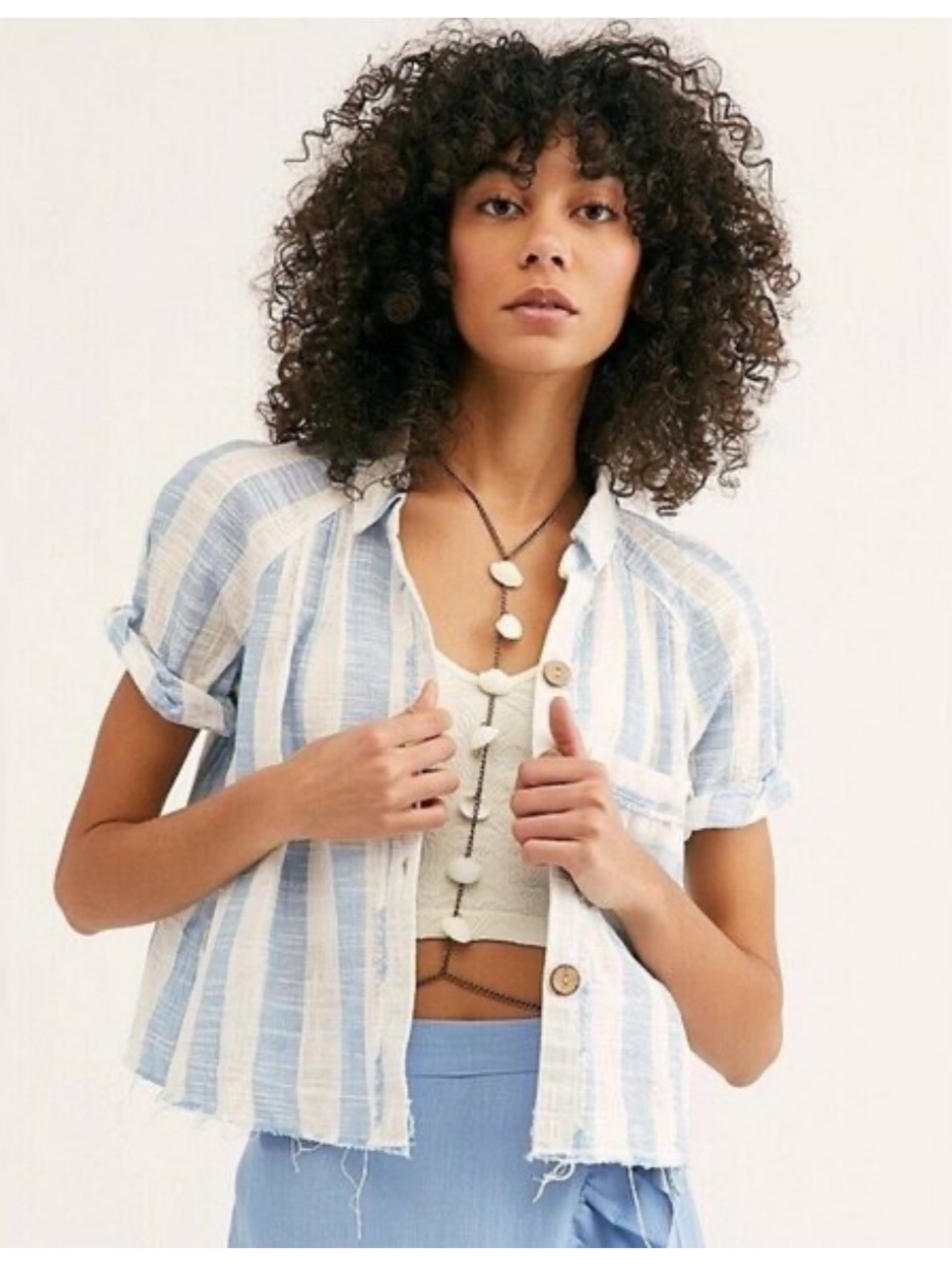 Free People “Away at Sea” Striped Short-Sleeve Button Shirt